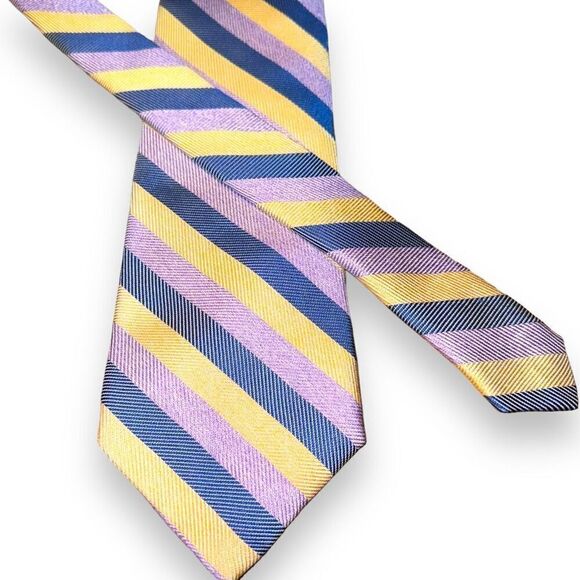 Tom James Filo A Mano Purple Navy & Gold Rep Stripe Tie - Picture 1 of 7